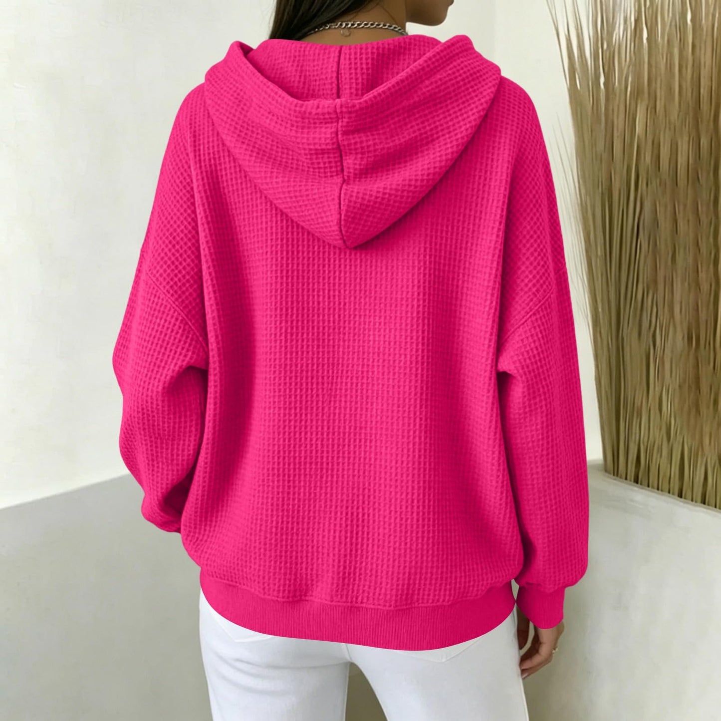 Women Casual Waffle Grid Textured Pullover Hoodie Contrast Drawstring Pocket Loose Long Sleeve Sweatshirts