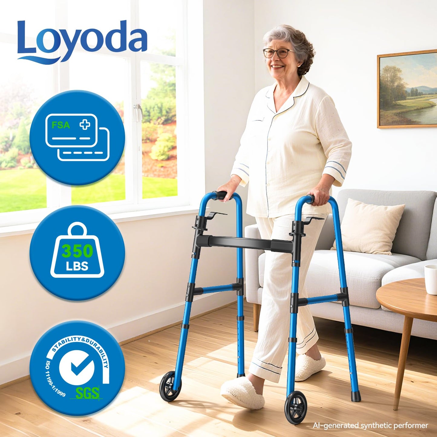 Loyoda Folding Walker with 2 Skis and 5" Wheels, Lightweight Walkers for Seniors and Adults, Supports Up to 350 Pounds, Adjustable Height, Compact Standard Walker, Black