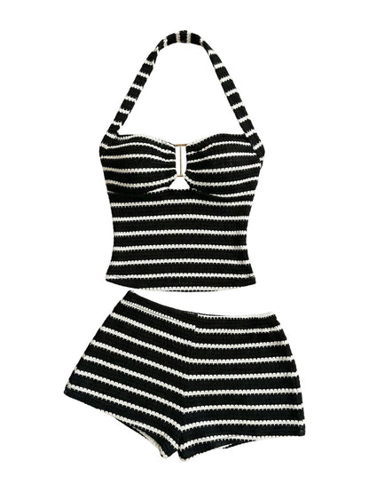 SOLY HUX Women's Summer 2 Piece Outfits Striped Crochet Halter Top Mini Shorts Set Beach Vacation Y2K Sets