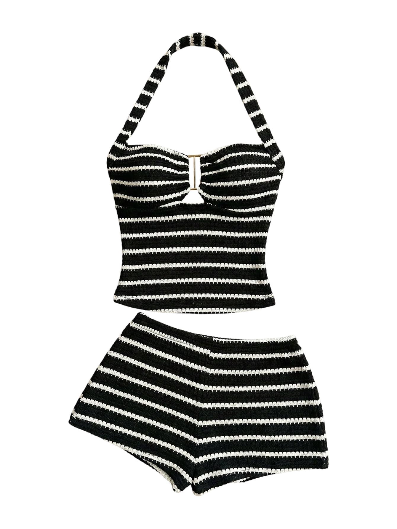 SOLY HUX Women's Summer 2 Piece Outfits Striped Crochet Halter Top Mini Shorts Set Beach Vacation Y2K Sets