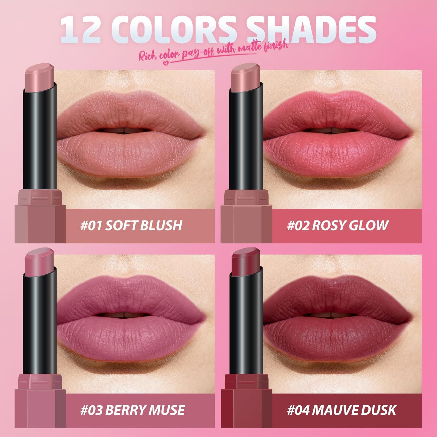 12Pcs Velvet Matte Lipstick Set, Nude to Dark Shades, Long-Lasting,Color A | Highly pigmented matte color, smooth creamy glide, waterproof wear, nude-to-dark tones, ideal for daily makeup or gifting