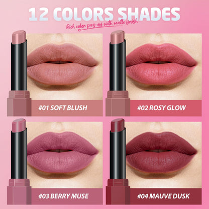 12Pcs Velvet Matte Lipstick Set, Nude to Dark Shades, Long-Lasting,Color A | Highly pigmented matte color, smooth creamy glide, waterproof wear, nude-to-dark tones, ideal for daily makeup or gifting