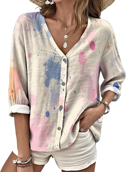 MARSVOVO V Neck Shirts for Women Lightweight Decorative Button 3/4 Sleeve Blouses Comfy Casual Business Flowy Top