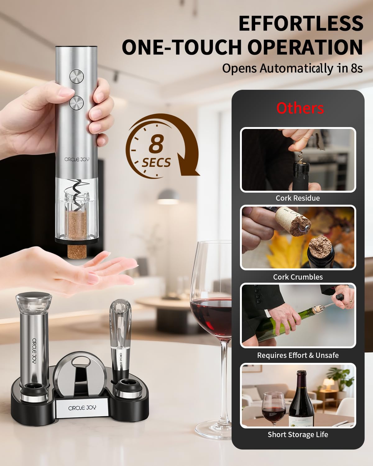 CIRCLE JOY Electric Wine Opener Rechargeable 5-in-1 Stainless Steel Wine Gift Set with Foil Cutter, Wine Aerator Pourer, Wine Drip Ring & Vacuum Stopper, Ideal Gifts for Wine Lovers, Silver