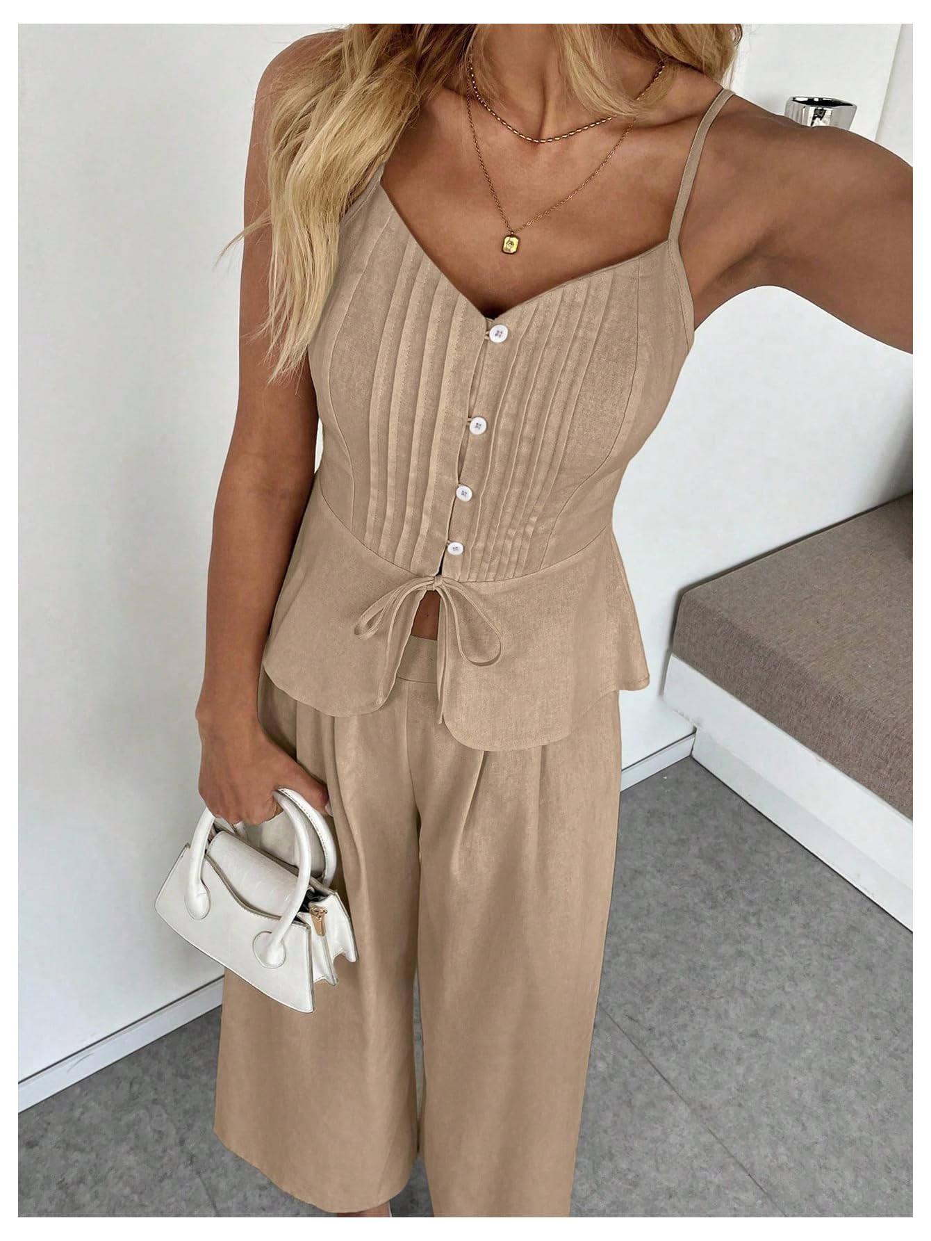 SOLY HUX Women's 2 Piece Summer Outfit Button Down Peplum Cami Top and Wide Leg Pants Set