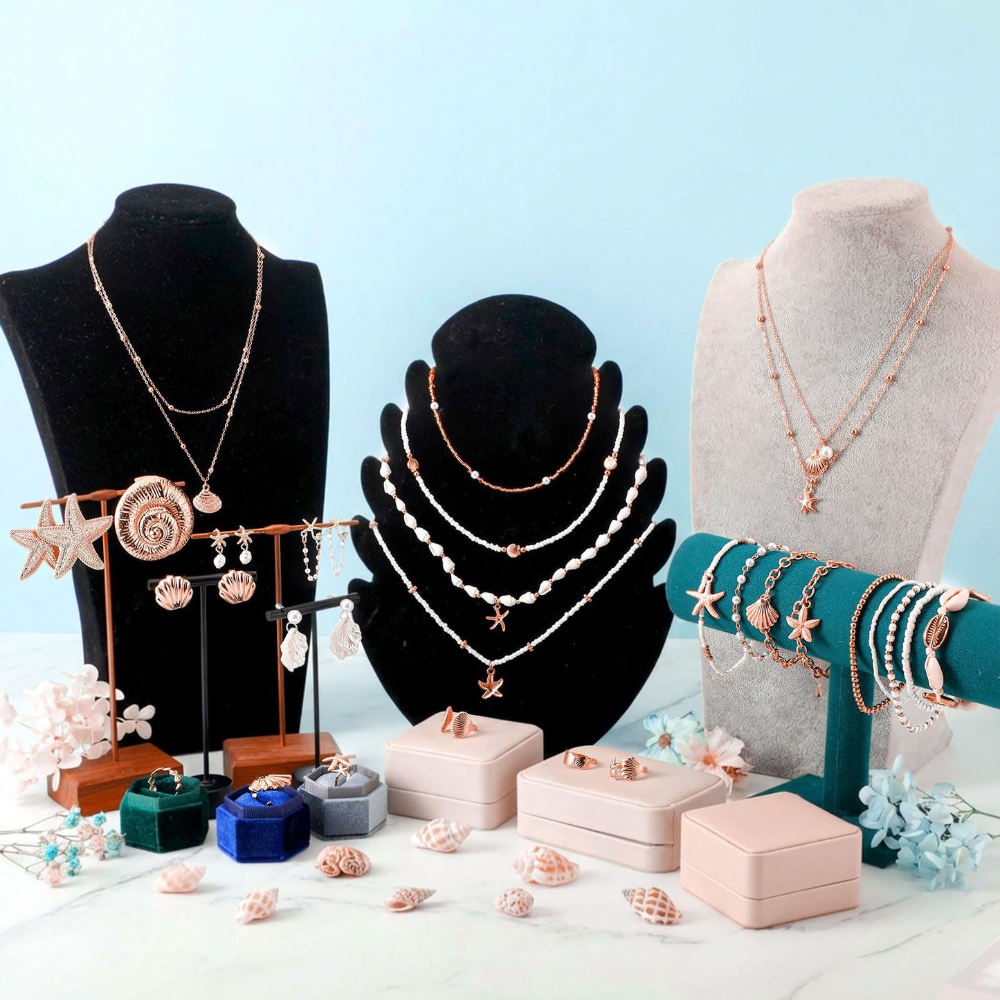 Tondiamo 23 Pcs Seashell Starfish Jewelry Set Boho Summer Beach Mermaid Accessories Layered Charm Necklace Earrings Studs Bracelets Rings for Women Holiday Vacation Wedding Party Gift