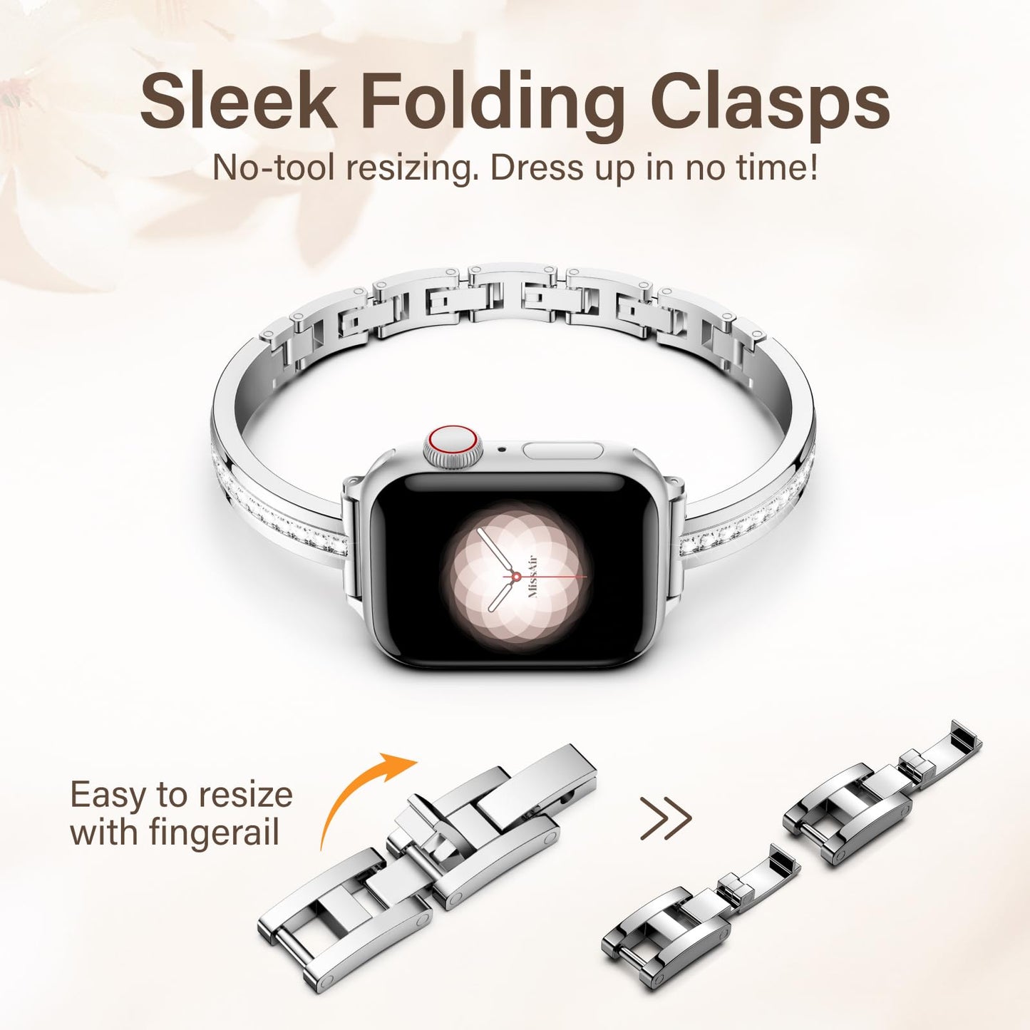 Missair Bands Compatible with Apple Watch Band 38mm 40mm 41mm 42mm 44mm 45mm 46mm 49mm for Women, Slim Metal Dressy Jewelry Bracelet with Bling Diamond for iWatch Series 11 10 9 8 7 6 5 4 3 SE Ultra
