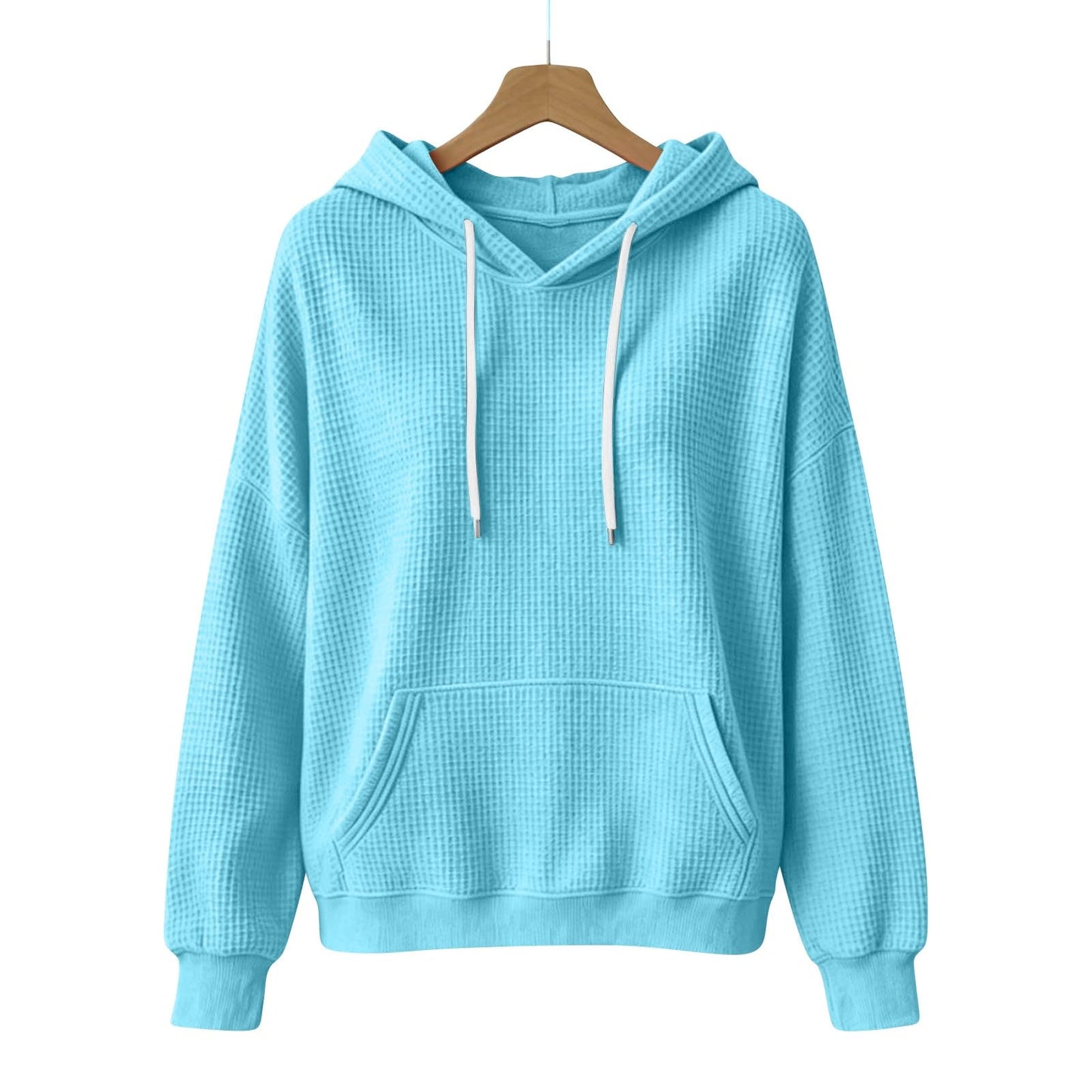 Women Casual Waffle Grid Textured Pullover Hoodie Contrast Drawstring Pocket Loose Long Sleeve Sweatshirts