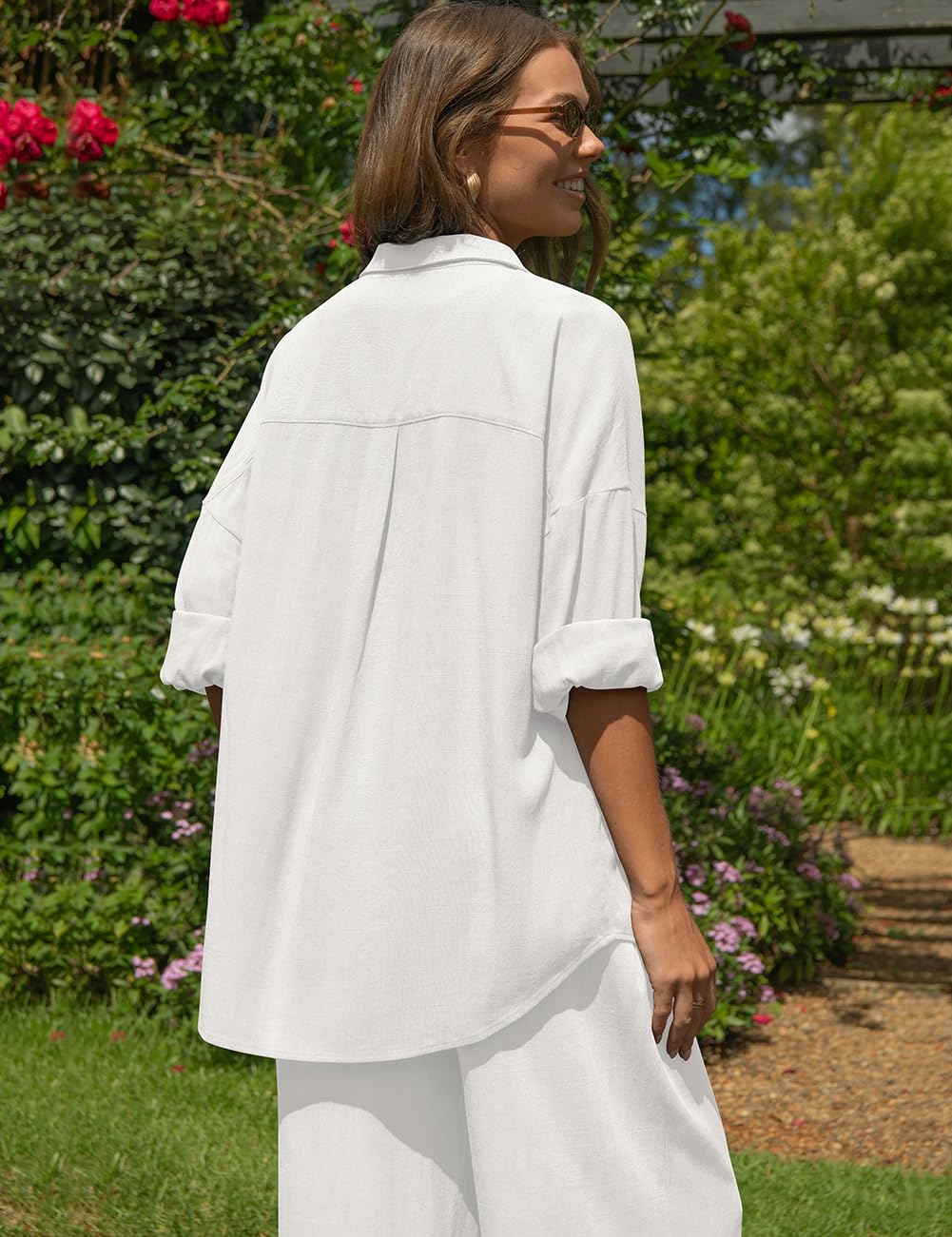 TARSE Womens Linen 2 Piece Outfits Casual Lounge Sets | Long Sleeve, Button Down Shirt and Wide Leg Pants, loose fit linen, vacation outfits with Pockets