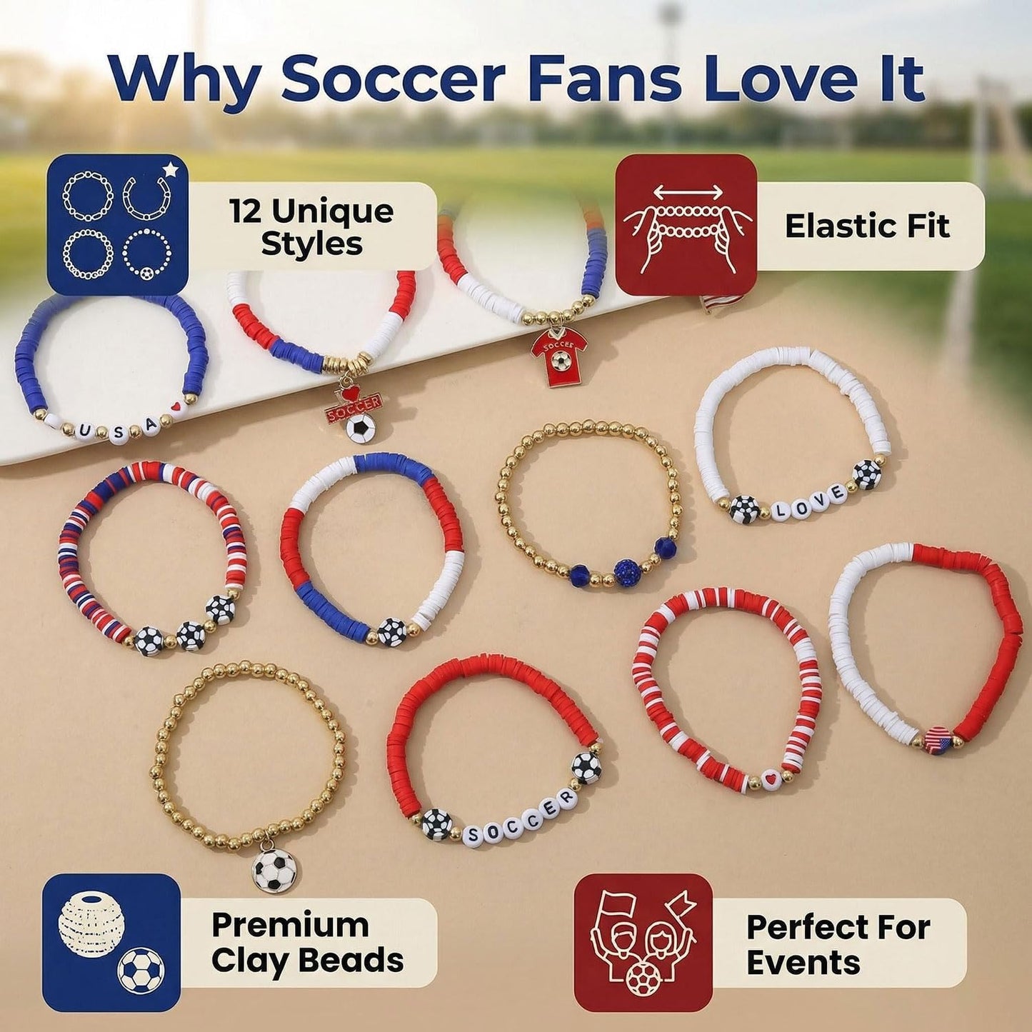 Spiritlele 12pcs World Cup Bracelets Set Red White Blue Clay Bead Wristband Stackable USA Soccer Charm Stretch Bracelet For Women Football Sports Fans Jewelry Gift
