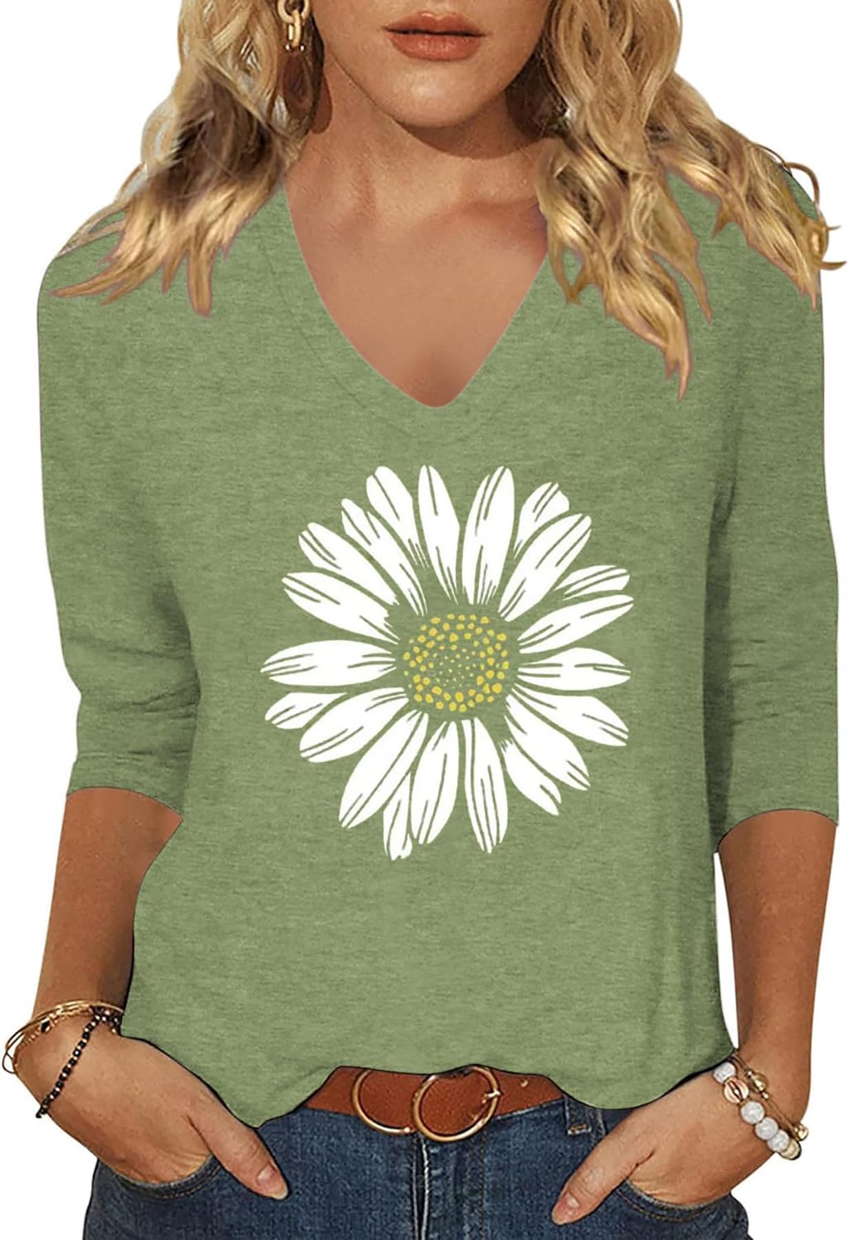 Womens V Neck Flowers Shirts Boho Floral Printed T-Shirt Vintage Graphic Tee Summer Casual Cute 3/4 Sleeve Tops