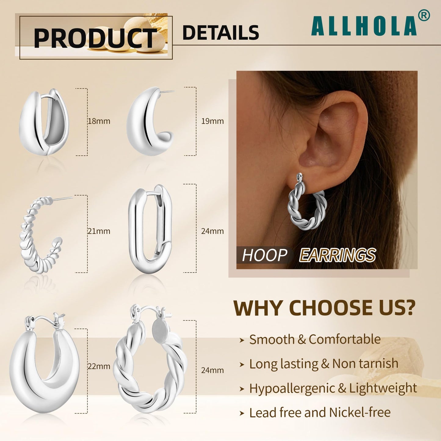 ALLHOLA 6 Pairs 14K Gold Plated Hoop Earrings for Women Trendy Chunky Lightweight Hoop Earrings Multipack Hypoallergenic, Thick Twisted Huggie Hoops Earring Set Jewelry for Gifts