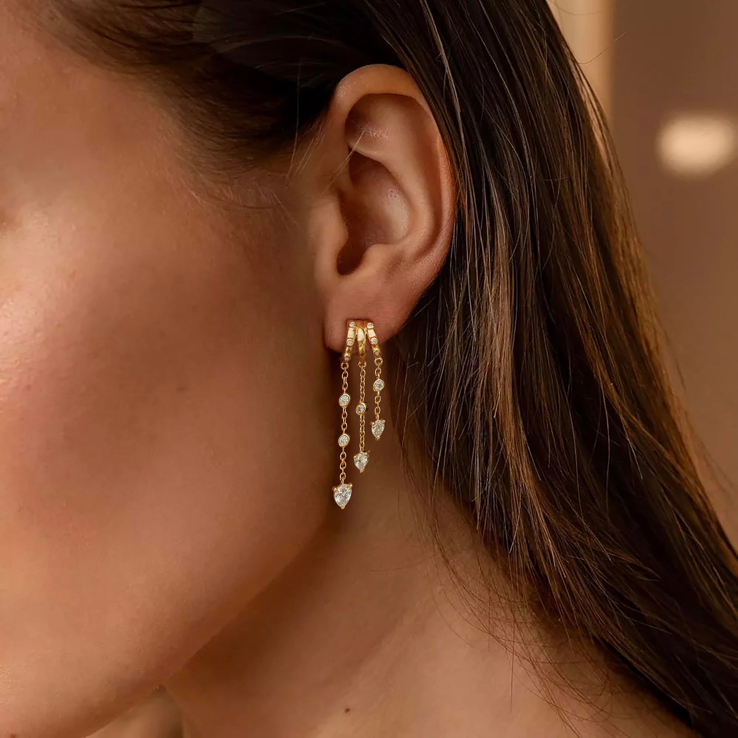 Gold Dangle Earrings for Women,Dainty 14K Gold Plated Triple Huggie Hoop Earrings Cute Statement Drop Earrings for Women Trendy Hypoallergenic CZ Gold Earrings Non Tarnish Wedding Prom Jewelry