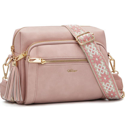 Small Leather Crossbody Bags for Women Anti theft Purses and Handbag Shoulder Hangbag with Wide Strap Tassel