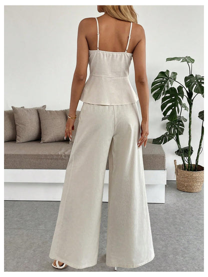 SOLY HUX Women's 2 Piece Summer Outfit Button Down Peplum Cami Top and Wide Leg Pants Set