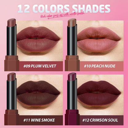 12Pcs Velvet Matte Lipstick Set, Nude to Dark Shades, Long-Lasting,Color A | Highly pigmented matte color, smooth creamy glide, waterproof wear, nude-to-dark tones, ideal for daily makeup or gifting
