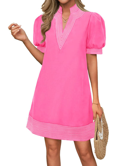 Wenrine Womens Summer V Neck Shift Dresses Casual Puff Short Sleeve Color Block Short Boho Beach Dresses with Pockets