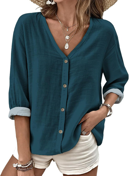 MARSVOVO V Neck Shirts for Women Lightweight Decorative Button 3/4 Sleeve Blouses Comfy Casual Business Flowy Top