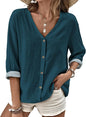 MARSVOVO V Neck Shirts for Women Lightweight Decorative Button 3/4 Sleeve Blouses Comfy Casual Business Flowy Top