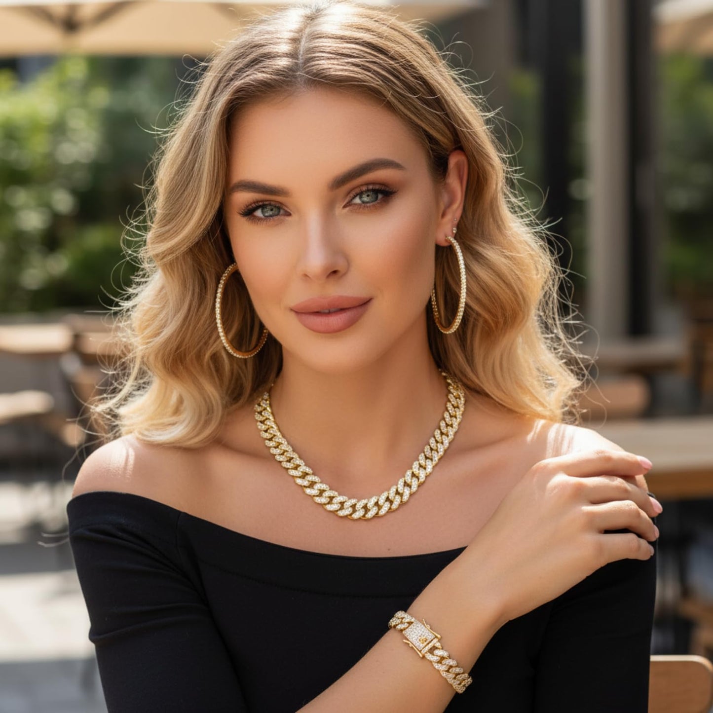 Batiyeer 3 Pcs Cuban Link Chain Necklace Bracelet Rhinestone Hoop Earrings Bling Crystal Hip Hop Jewelry for Women(18 Inch,Gold)