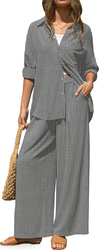 TARSE Womens Linen 2 Piece Outfits Casual Lounge Sets | Long Sleeve, Button Down Shirt and Wide Leg Pants, loose fit linen, vacation outfits with Pockets