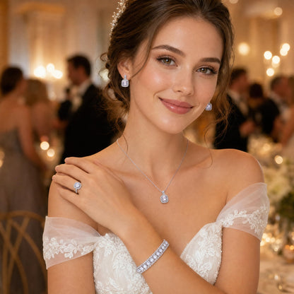 Paxuan 4pcs Cubic Zirconia Wedding Jewelry Sets for Bride Bridesmaid Cubic Zirconia Pendant Necklace Earrings Link Tennis Bracelet Open Ring Set for Women