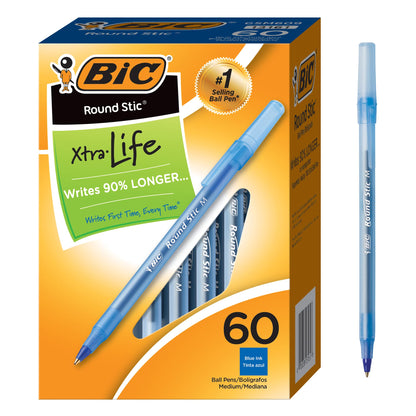 BIC Round Stic Xtra Life Assorted Ink Ballpoint Pens, Medium Point (1.0mm), 60-Count Pack of Bulk Pens, Flexible Round Barrel for Comfortable Writing, No. 1 Selling Ballpoint Pens