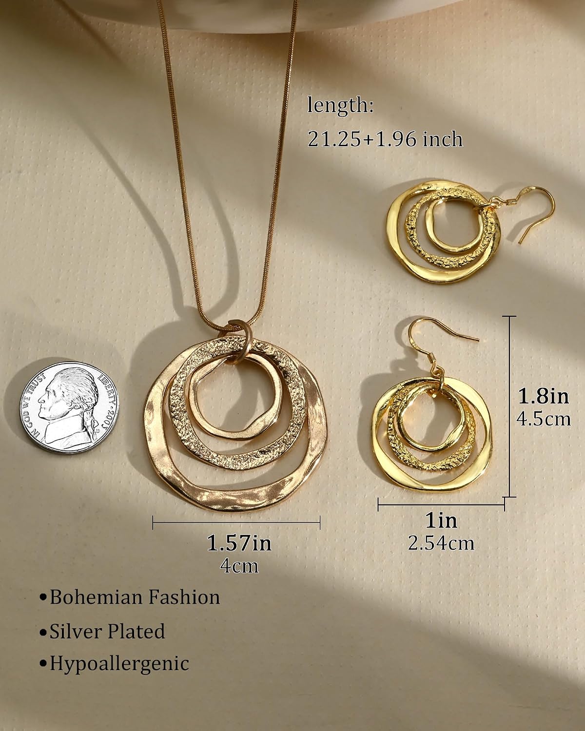 Hypoallergenic Silver Circle & Dangle Earrings and Necklace Set for Women Geometric Boho Style Hoop Jewelry for Women-Lightweight & Dangling-Gift for Bohemian Fashionistas