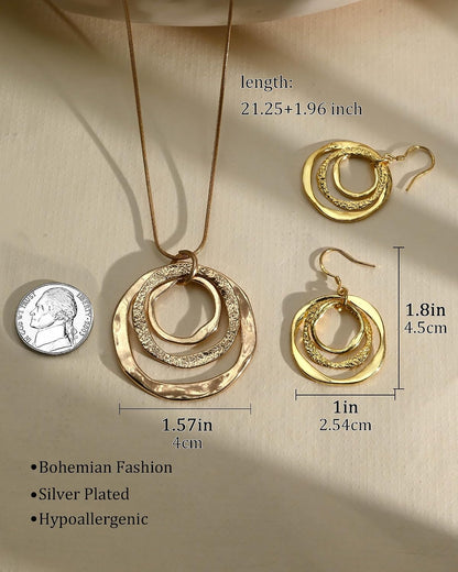 Hypoallergenic Silver Circle & Dangle Earrings and Necklace Set for Women Geometric Boho Style Hoop Jewelry for Women-Lightweight & Dangling-Gift for Bohemian Fashionistas