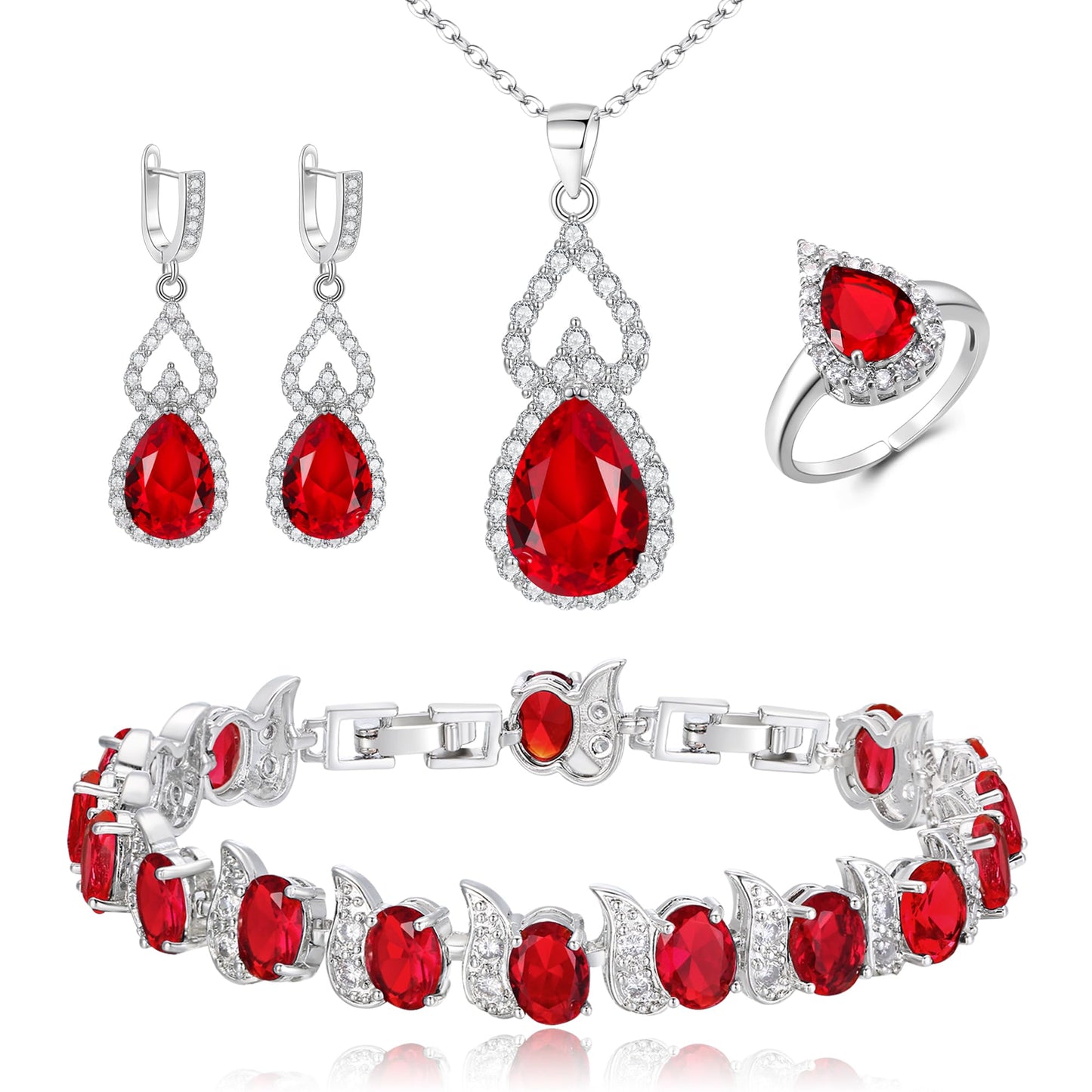 BriLove Wedding Jewelry Set for Women Bride Bridesmaid | Gorgeous Cubic Zirconia Teardrop Necklace Earrings Bracelet Adjustable Ring Jewelry Gift for Birthday/Anniversary