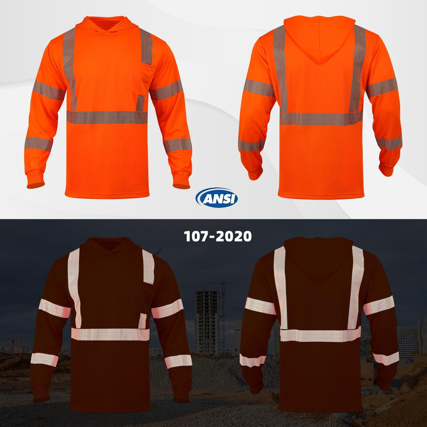 High Visibility Hoodies for Men,Safety Reflective Long Sleeve ANSI Class 3 Hi Vis Construction Work Shirts with Hood
