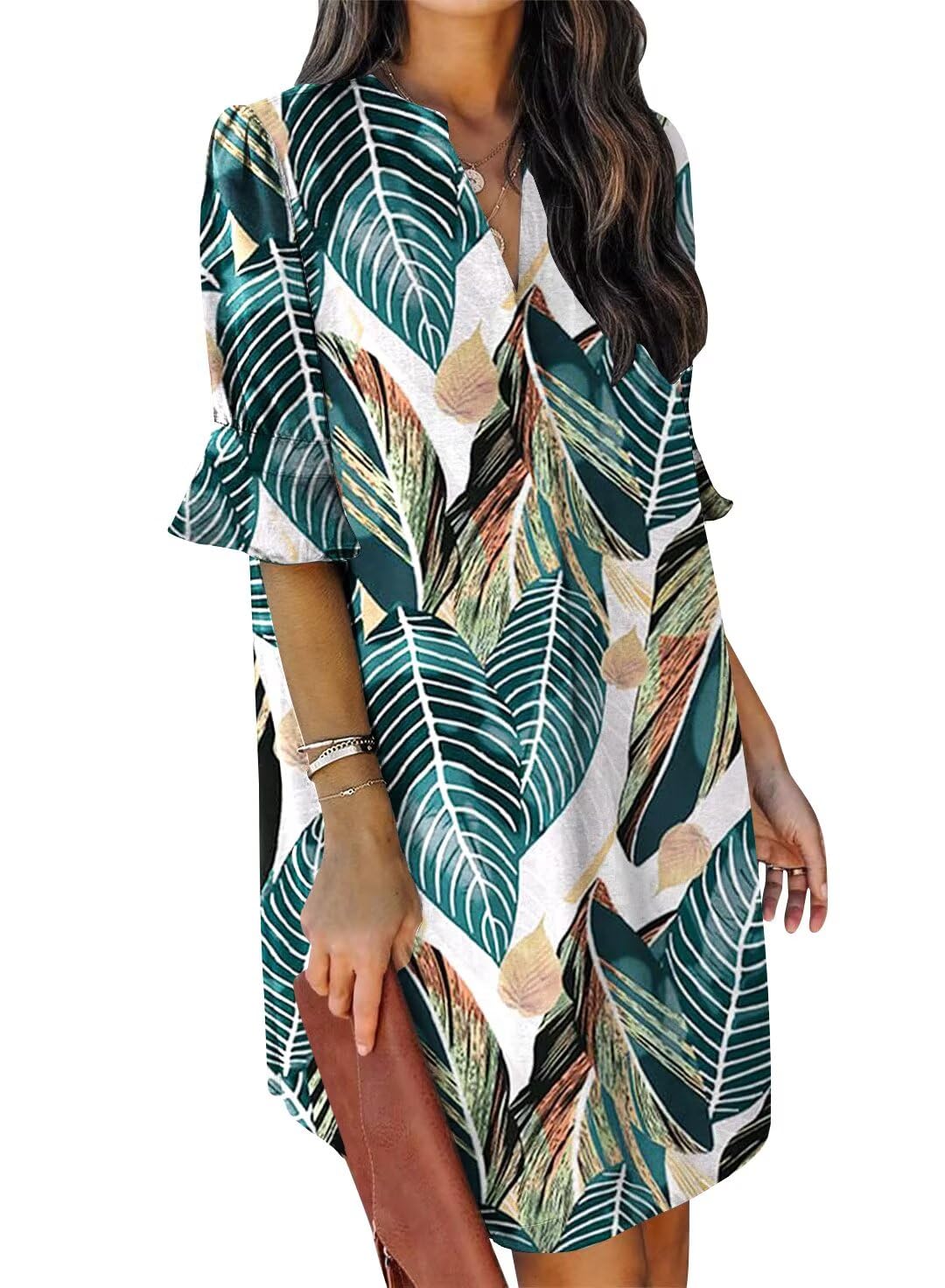 QACOHU Womens Summer Casual V Neck Shift Mini Dress | Flowy Swing Basic Loose Dresses, Ruffle Short Sleeve, Straight, Floral Boho Style, Wedding Guest Beach Vacation Outfits