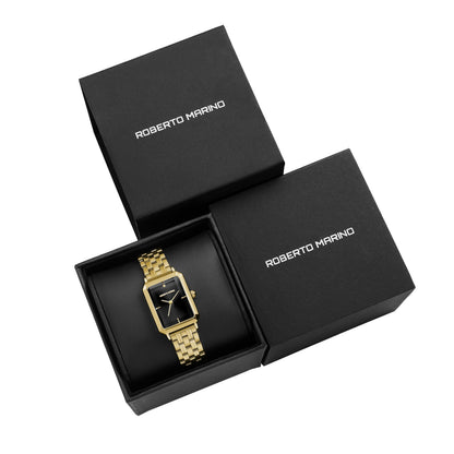 Roberto Marino RM1982 Women’s Luxury Watch Rectangular Gold – Japanese Quartz Movement, Vintage Stainless Steel Design, Silver Dial, Elegant Dress Timepiece, 3ATM Water Resistant – Reloj para Mujer