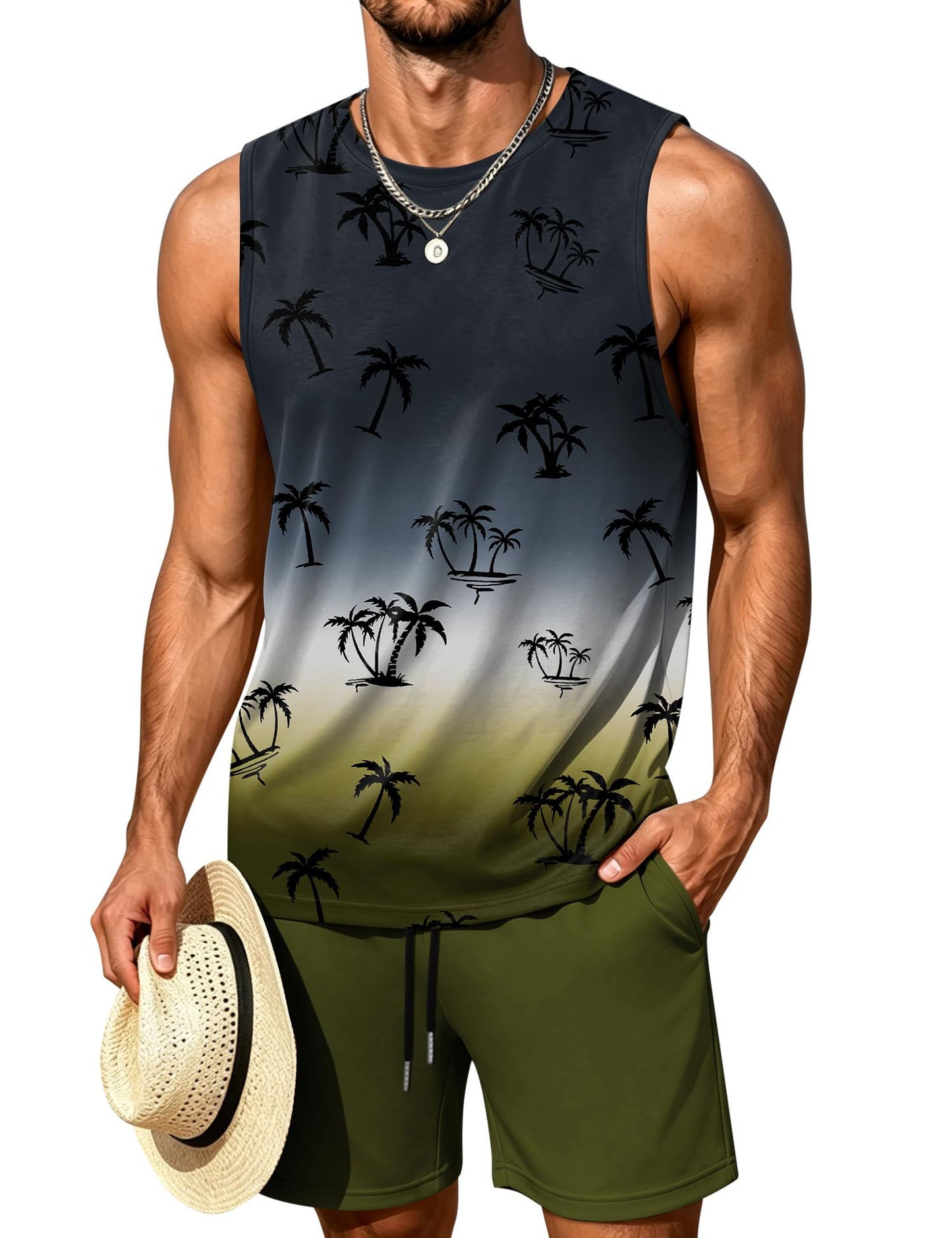 LecGee Men's 2 Piece Hawaiian Tank Tops Tropical Floral Beach Sleeveless Round neck T-shirt Casual Daily Beach Summer