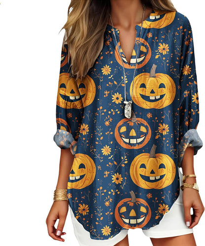 Womens Bohemian Print Tunic Top Cotton Blend V Neck Long Sleeve Loose Fit Casual Blouse for Summer Beach Vacation