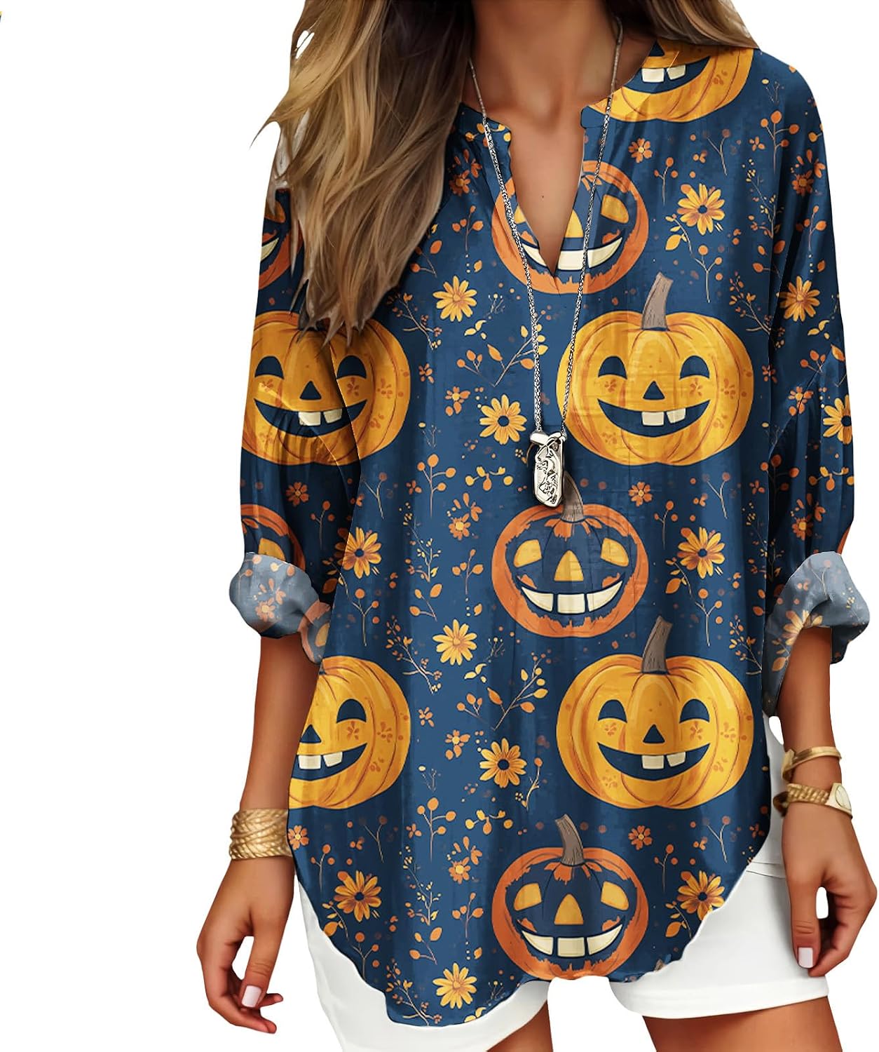 Womens Bohemian Print Tunic Top Cotton Blend V Neck Long Sleeve Loose Fit Casual Blouse for Summer Beach Vacation