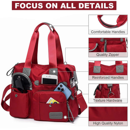 Tote Bag for Women,Multi Pockets Shoulder Handbag,Nurse Bag for Work,Large Cross body Purse,Fashion Nylon Top Handle Satchel