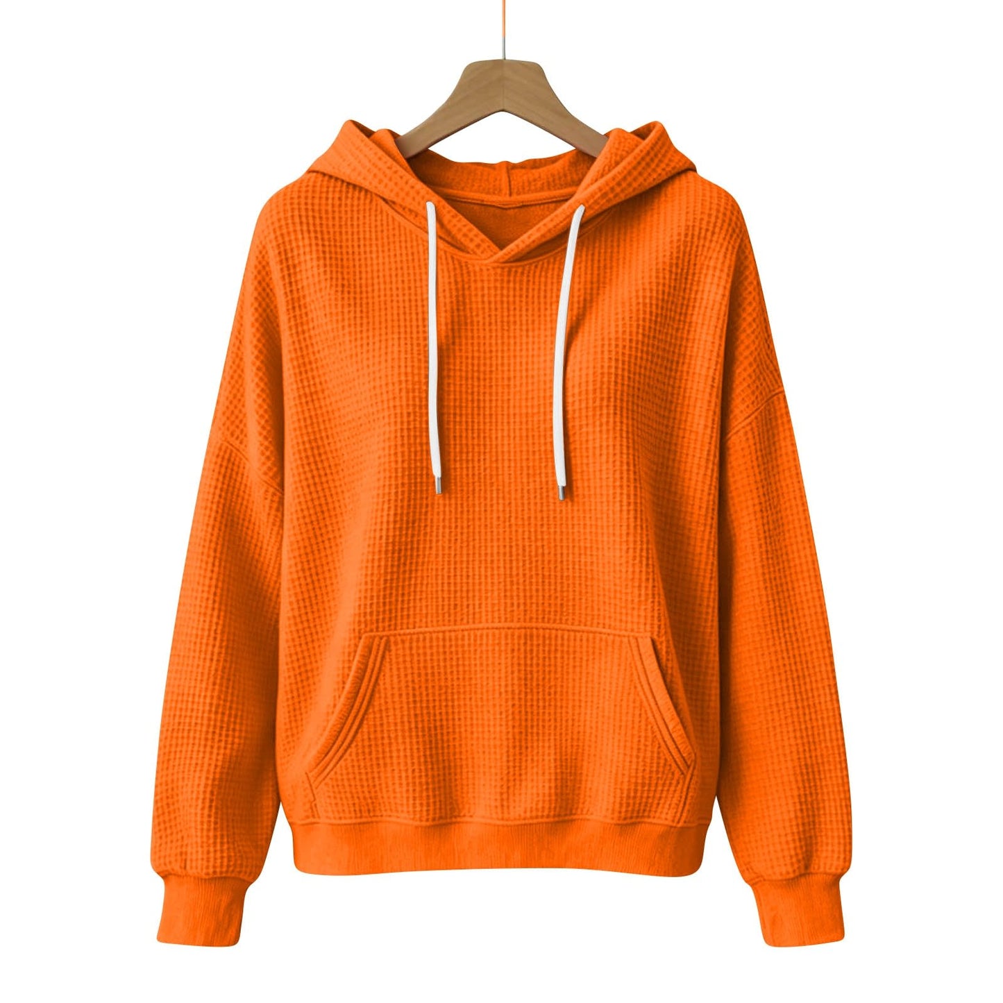 Women Casual Waffle Grid Textured Pullover Hoodie Contrast Drawstring Pocket Loose Long Sleeve Sweatshirts