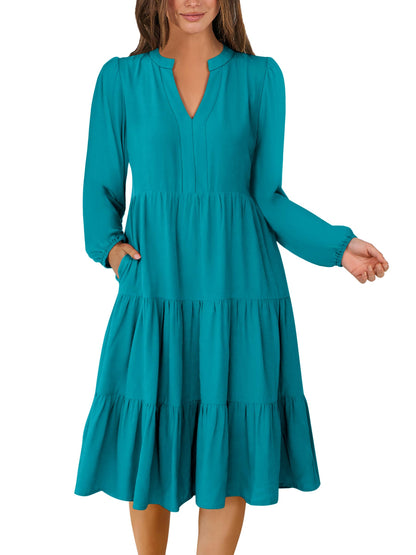 ANRABESS Womens V Neck Long Sleeve Midi Dress | Swing Flowy Tiered with Pockets, Soft Fabric, Boho Beach Vacation Dresses, Loose Fit Casual, Fall Winter Transition Clothes