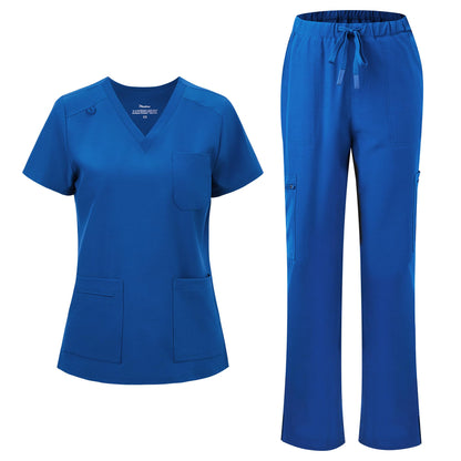 floralhue Scrubs for Women, V-Neck Straight Leg Pants with 12 Pockets | Slit Hem Cargo Pant Storage, Yoga Waistband, Water Resistance, For Nurses, Clinics, Long Shifts, Daily Medical Uniforms