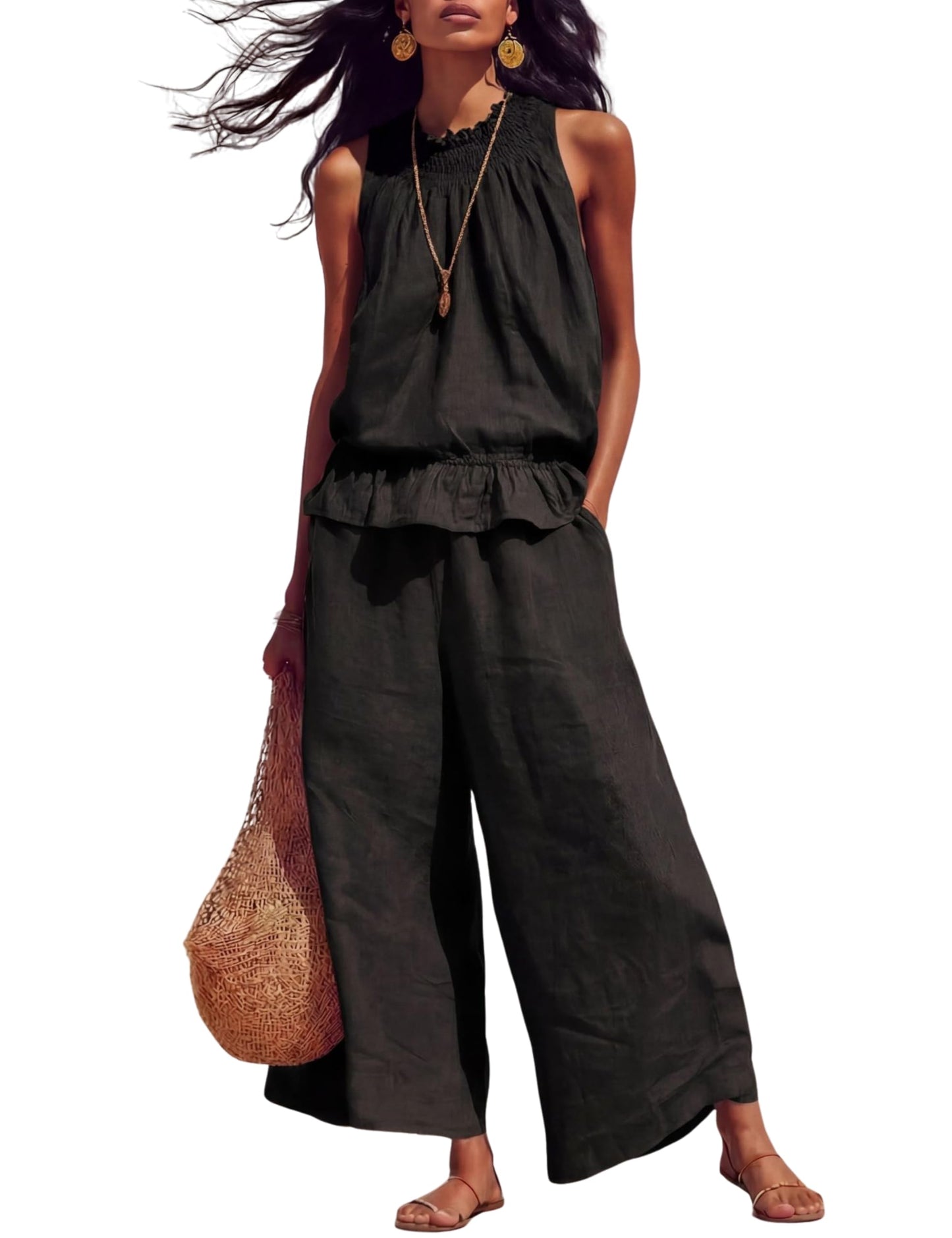 Tanming Women's Linen 2 Piece Outfits Sleeveless Ruffle Top Wide Leg Pants Summer Loungewear Beach Travel Sets