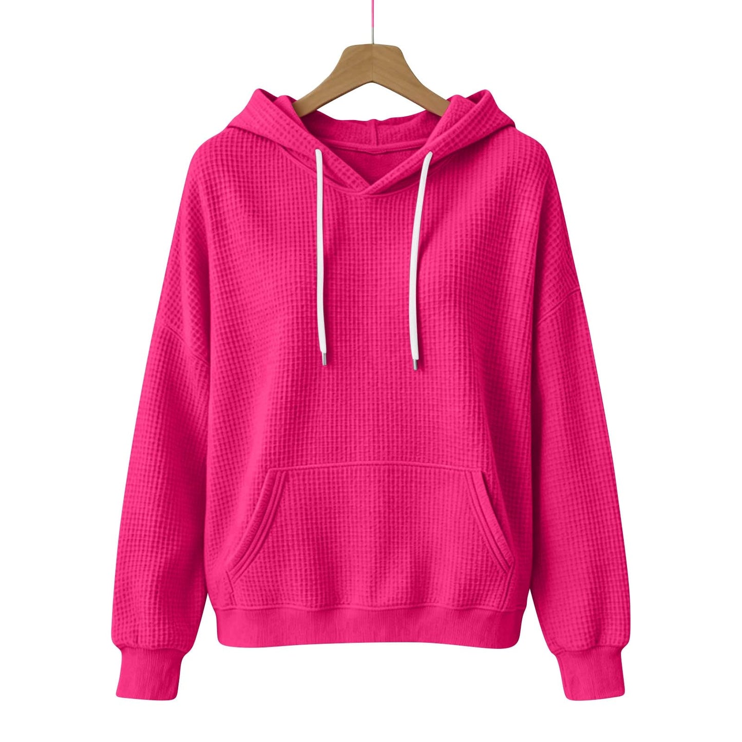 Women Casual Waffle Grid Textured Pullover Hoodie Contrast Drawstring Pocket Loose Long Sleeve Sweatshirts