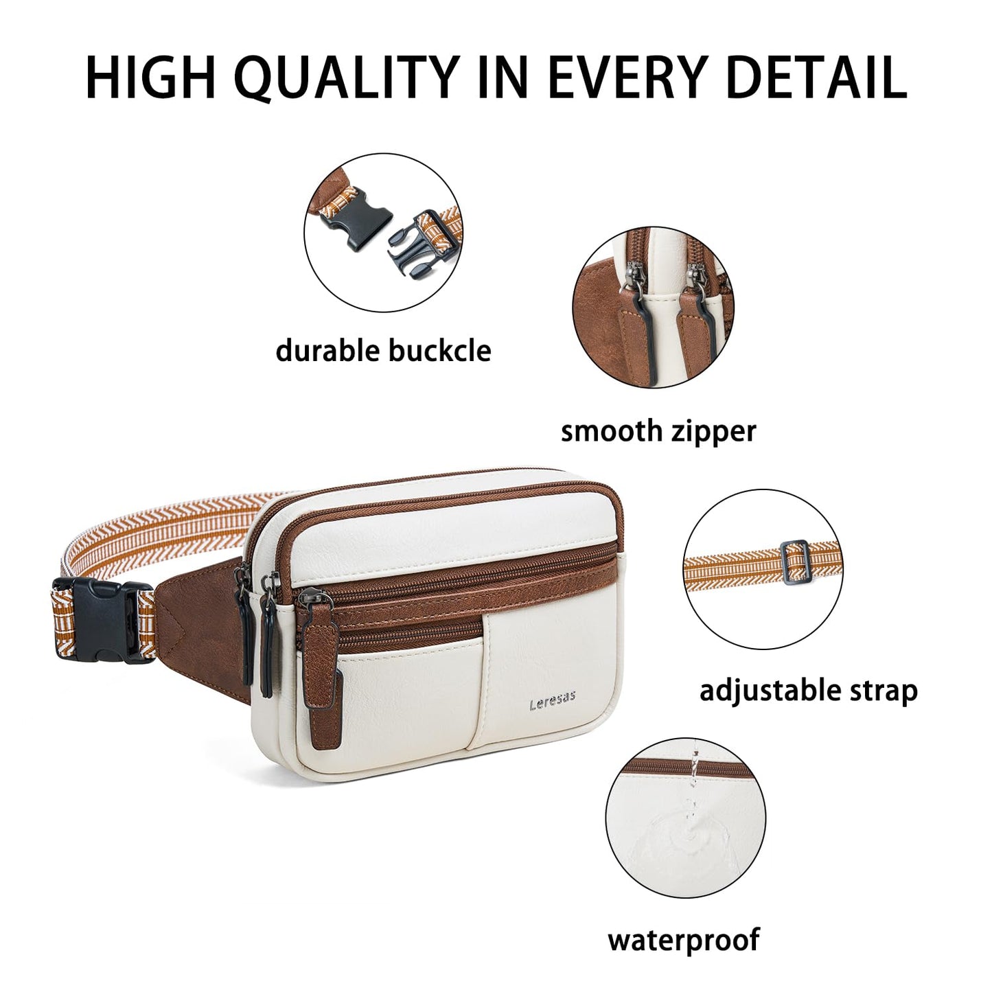 Leresas Fanny Packs for Women Vegan Leather Belt Bag Chic Cross Body Waist Pack Waist Purse for Travel Hiking Running Brown