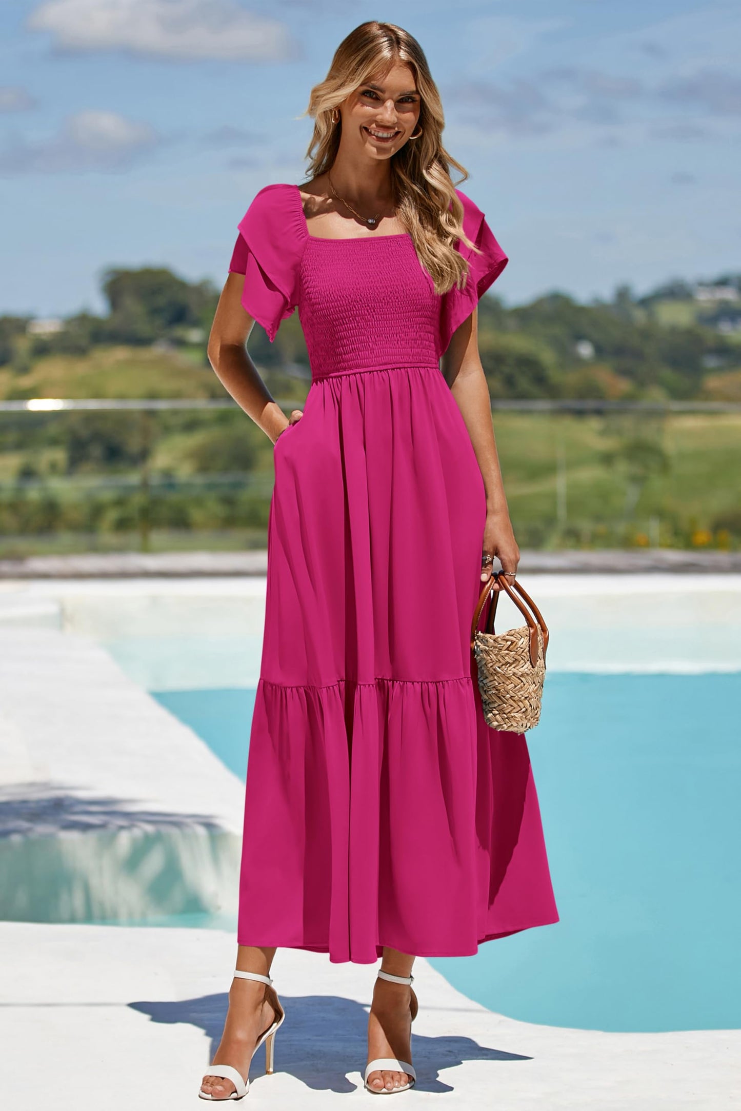 MASCOMODA Womens Summer Casual Midi Dress Square Neck Ruffle Short Sleeve Smocked High Waist A Line Wedding Guest Dresses
