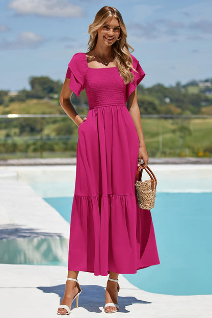 MASCOMODA Womens Summer Casual Midi Dress Square Neck Ruffle Short Sleeve Smocked High Waist A Line Wedding Guest Dresses