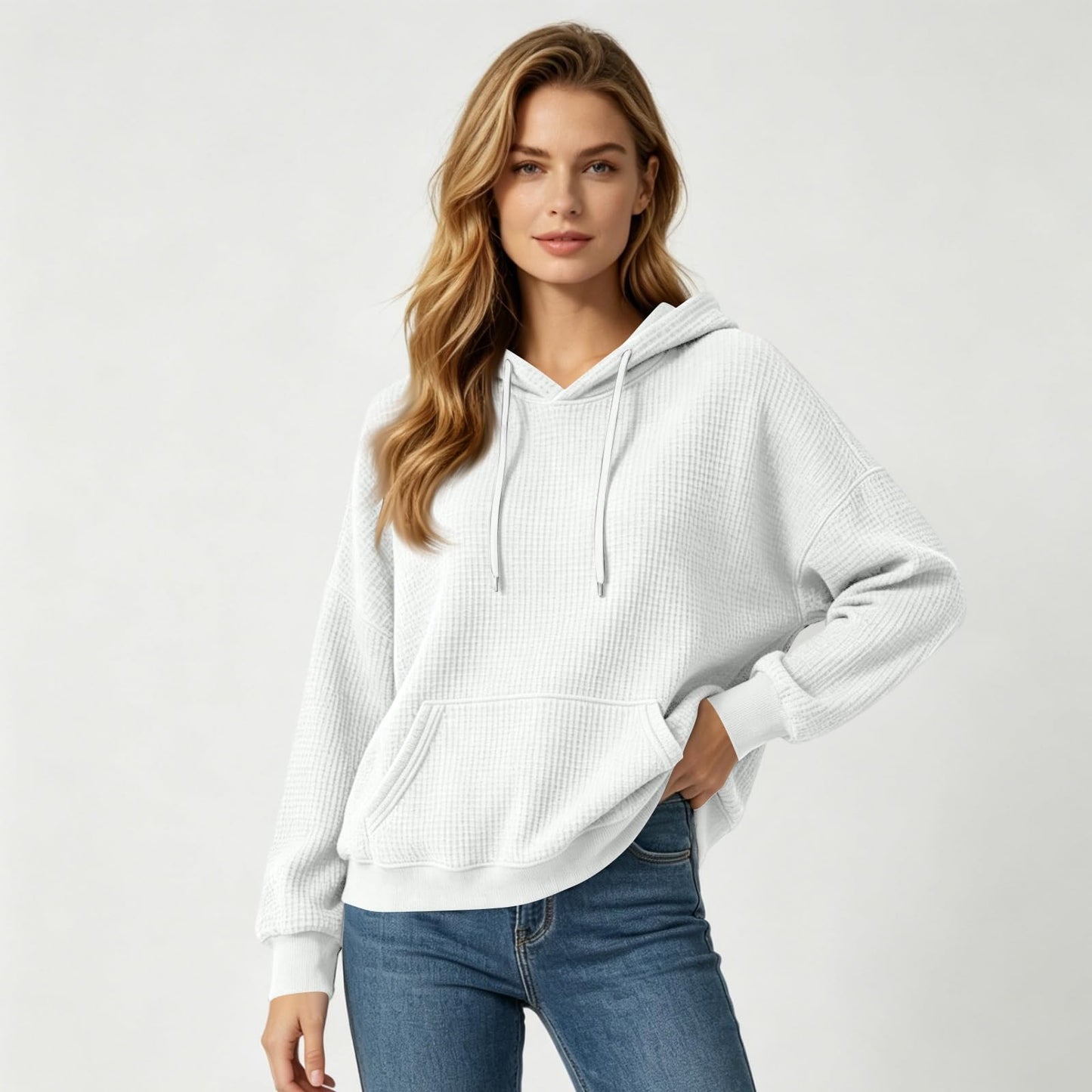 Women Casual Waffle Grid Textured Pullover Hoodie Contrast Drawstring Pocket Loose Long Sleeve Sweatshirts