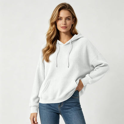 Women Casual Waffle Grid Textured Pullover Hoodie Contrast Drawstring Pocket Loose Long Sleeve Sweatshirts