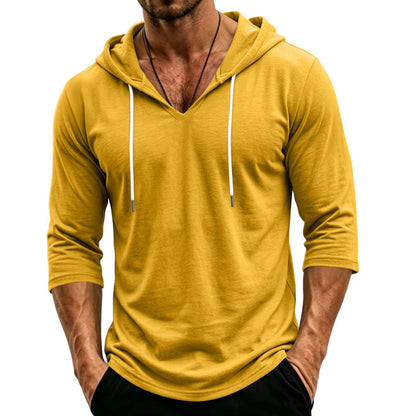 Mens Hooded 3/4 Sleeve Pullover Relaxed Fit Casual Lightweight Comfort Top