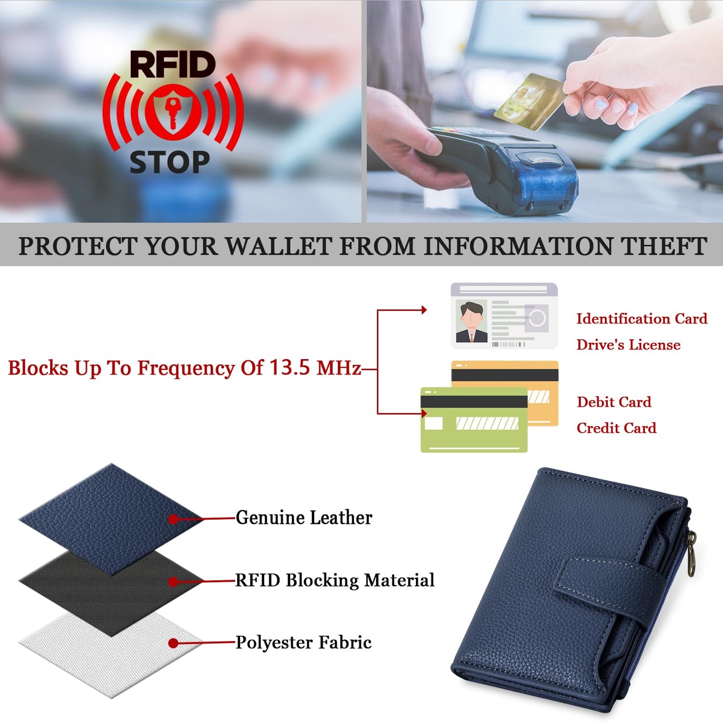 Airkit Small Wallet Women RFID Blocking Soft Leather Bifold Compact Card Holder Wallet for Women with Zipper Coin Pocket 4 ID Window