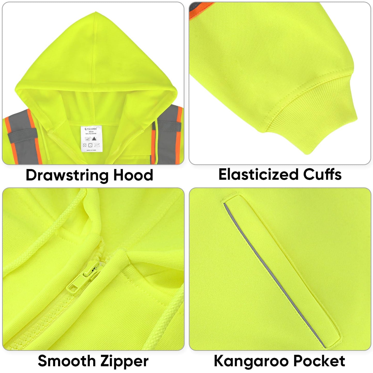 TICONN Safety Hoodie Jacket, High Vis Reflective Safety Fleece Hoodie, PPE Gear for Cold Weather Meet ANSI III